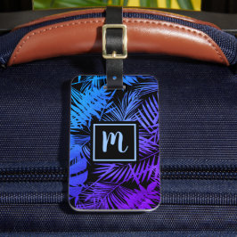 Tropisch blauw paarse palmblad monogram modern bagagelabel