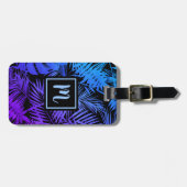 Tropisch blauw paarse palmblad monogram modern bagagelabel (Voorkant horizontaal)