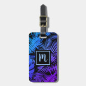 Tropisch blauw paarse palmblad monogram modern bagagelabel (Voorkant verticaal)