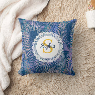 Tropisch Blauw & Paarse Palmblad Monogram Naam Kussen