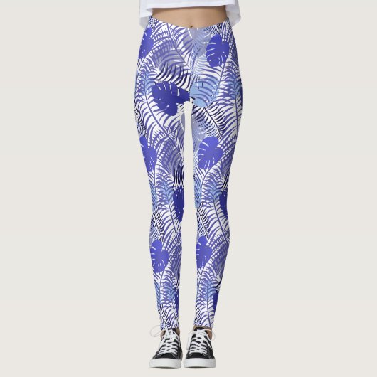 Tropisch blauw palm Leaf Leggings (Voorkant)