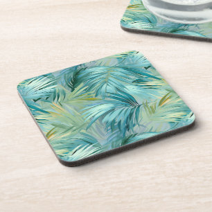 Tropisch Blauw Palmblad Waterverf Patroon Bier Onderzetter