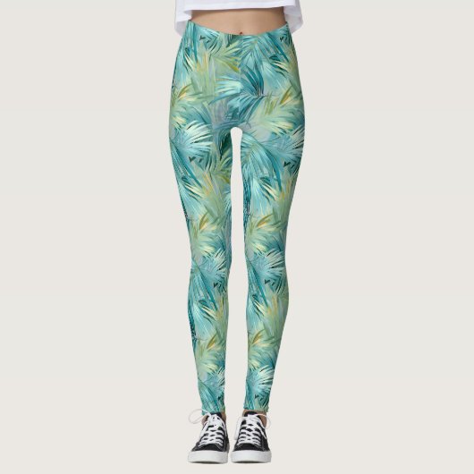 Tropisch Blauw Palmblad Waterverf Patroon Leggings (Voorkant)