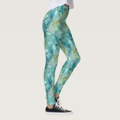 Tropisch Blauw Palmblad Waterverf Patroon Leggings (Rechts)