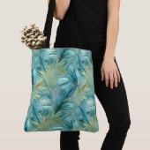 Tropisch Blauw Palmblad Waterverf Patroon Tote Bag (Dichtbij)