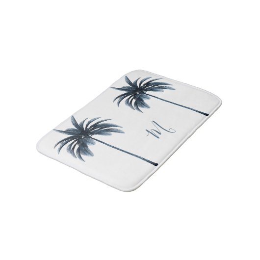 Tropisch blauw palmboom Elegant Monogram Badmat (Gekanteld)