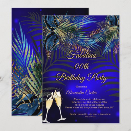 Tropisch Blauw Palms Champagne Birthday Kaart (Voorkant / Achterkant)