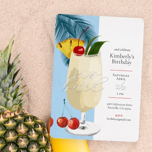 Tropisch Blauw Pina Colada Cocktail Verjaardagsfee Folie Uitnodiging