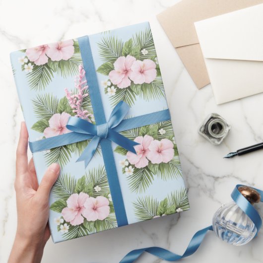 Tropisch Blauw Roze Hibiscus Bloemen Huwelijk Cadeaupapier (Geschenken)