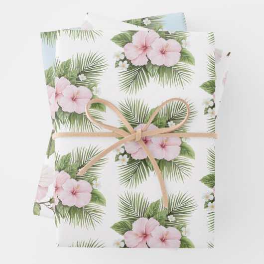 Tropisch Blauw Roze Hibiscus Bloemen Huwelijk Inpakpapier Vel (In situ)