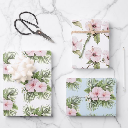 Tropisch Blauw Roze Hibiscus Bloemen Huwelijk Inpakpapier Vel (Voorkant)