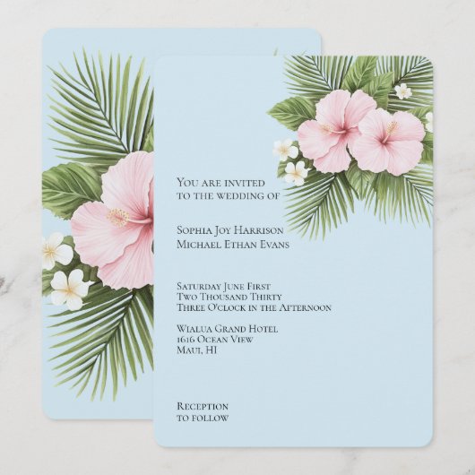 Tropisch Blauw Roze Hibiscus Bloemen Huwelijk Kaart (Voorkant / Achterkant)