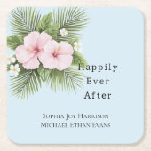 Tropisch Blauw Roze Hibiscus Bloemen Huwelijk Kartonnen Onderzetters (Voorkant)