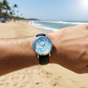 Tropisch blauw strand bloemen horloge
