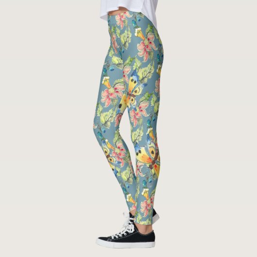 Tropisch blauw vlinderbloempatroon leggings (Links)