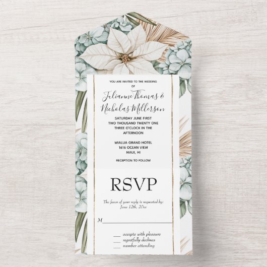 Tropisch Blauw Wit Bloemen Huwelijk All In One Uitnodiging (Binnen)