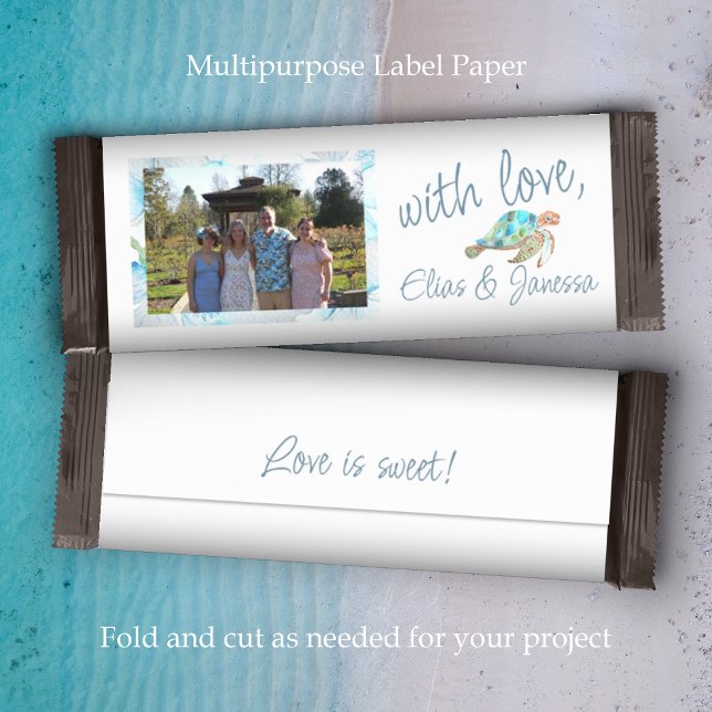 Tropisch Blauw, Wit Bruiloft Snoep Bar Wrapper (white blue sea turtle wedding chocolate candy bar wrapper label paper personalized DIY budget favor)