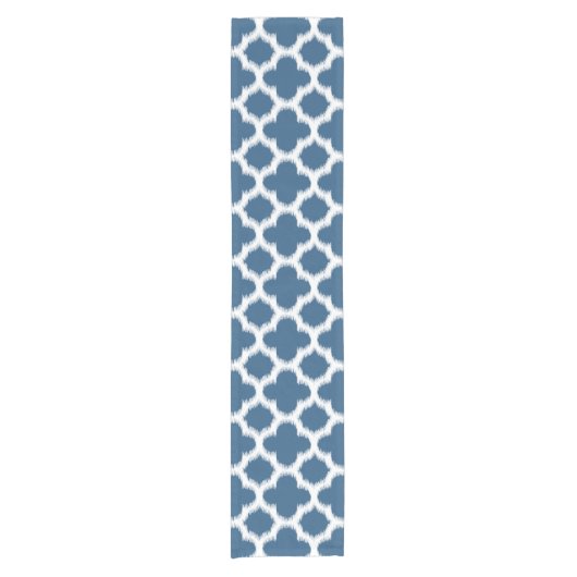 Tropisch blauw wit Ikat Quatrefoil Kunstpatroon Korte Tafelloper (Voorkant)