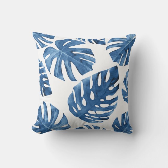 Tropisch blauw wit palmblad buitenkussen (Voorkant)