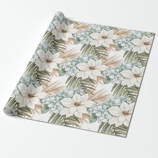 Tropisch Blauw Witte Bloemen Huwelijk Cadeaupapier (Uitgerold)