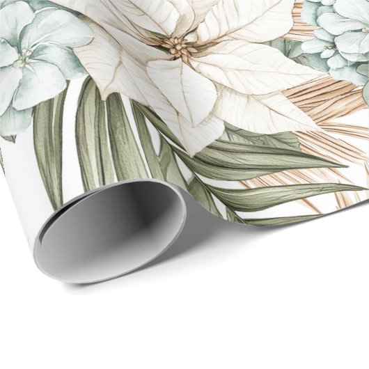 Tropisch Blauw Witte Bloemen Huwelijk Cadeaupapier (Rol Hoek)