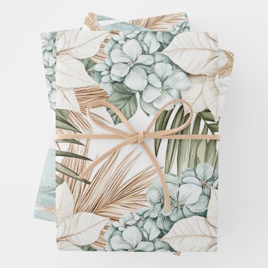 Tropisch Blauw Witte Bloemen Huwelijk Inpakpapier Vel (In situ)