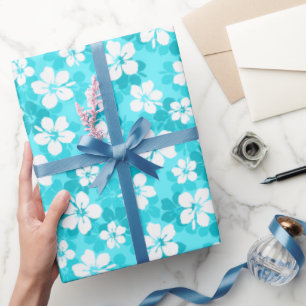 Tropisch Blauw Witte Hibiscus Flowers Patroon Cadeaupapier