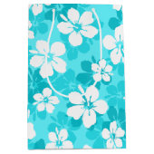Tropisch Blauw Witte Hibiscus Flowers Patroon Medium Cadeauzakje (Voorkant)