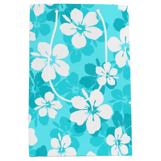 Tropisch Blauw Witte Hibiscus Flowers Patroon Medium Cadeauzakje (Voorkant)