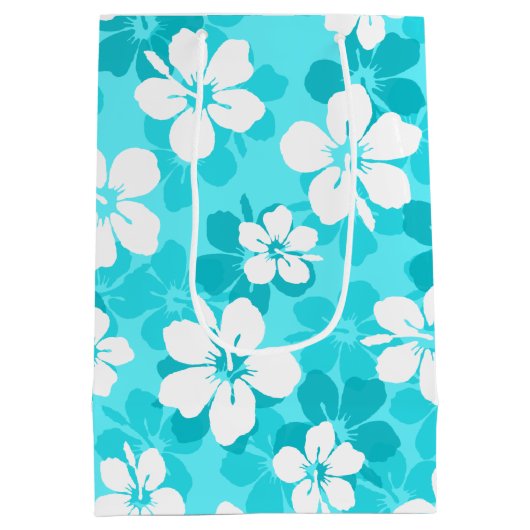 Tropisch Blauw Witte Hibiscus Flowers Patroon Medium Cadeauzakje (Achterkant)