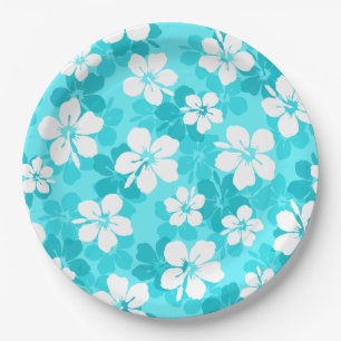 Tropisch Blauw Witte Hibiscus Flowers Patroon Papieren Bordje