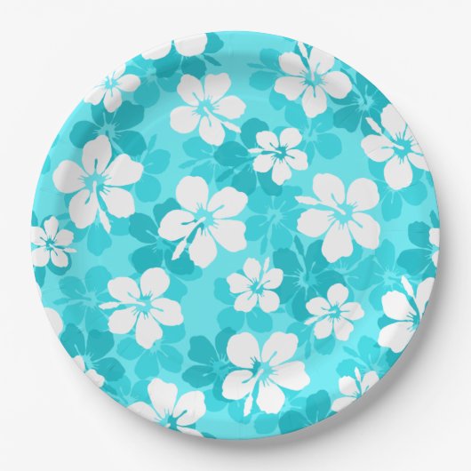 Tropisch Blauw Witte Hibiscus Flowers Patroon Papieren Bordje (Voorkant)