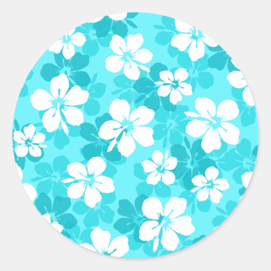 Tropisch Blauw Witte Hibiscus Flowers Patroon Ronde Sticker (Voorkant)