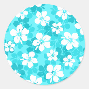 Tropisch Blauw Witte Hibiscus Flowers Patroon Ronde Sticker