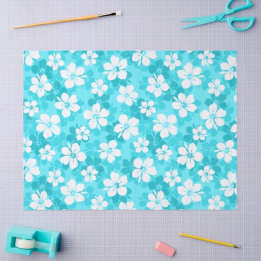 Tropisch Blauw Witte Hibiscus Flowers Patroon Tissuepapier (Craft)