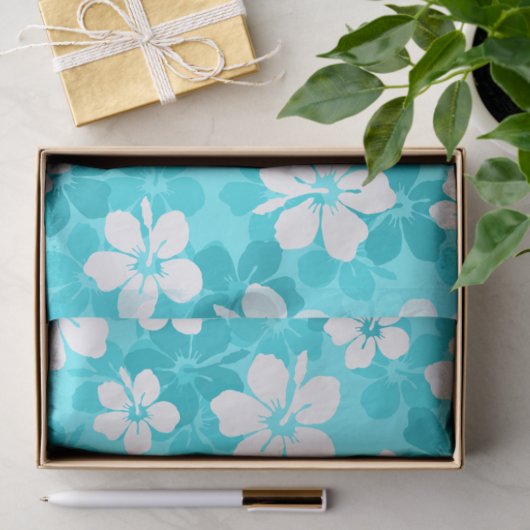 Tropisch Blauw Witte Hibiscus Flowers Patroon Tissuepapier (Geschenk)