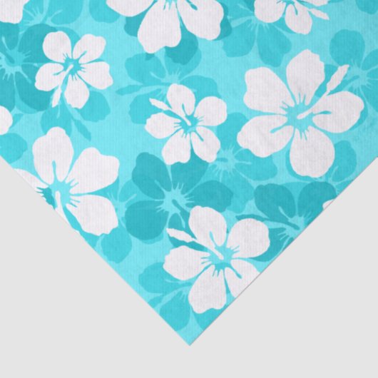 Tropisch Blauw Witte Hibiscus Flowers Patroon Tissuepapier (Detail)
