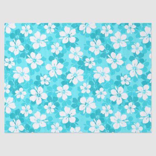 Tropisch Blauw Witte Hibiscus Flowers Patroon Tissuepapier (Voorkant)