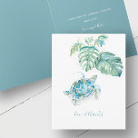 Tropisch blauw Zee schildpad Waterverf Hartelijk d Bedankkaart<br><div class="desc">Tropisch bedankt je notities, laat je dankbaarheid uitspreken in elegante stijl. Voorzijde bevat een replica van mijn oorspronkelijke waterverf zee schildpad met monstera palmbladeren in tinten groen en turkooisblauw. Voeg je aangepaste bericht toe in het moderne handgeschreven schrift (weergegeven met "liefde en bedankt"). Pas de binnenkant met een douane vooraf...</div>