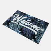 Tropisch blauw zwart palmblad Welkom Deurmat (Schuin)