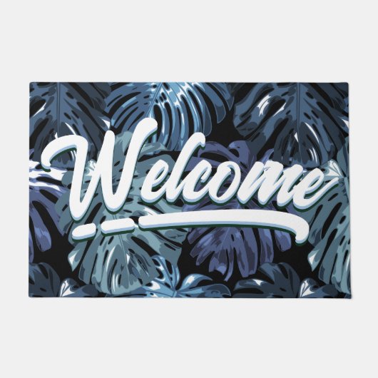Tropisch blauw zwart palmblad Welkom Deurmat (Voorkant)