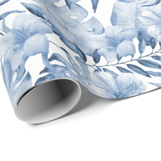 Tropisch blauwe bloemen cadeaupapier (Rol Hoek)