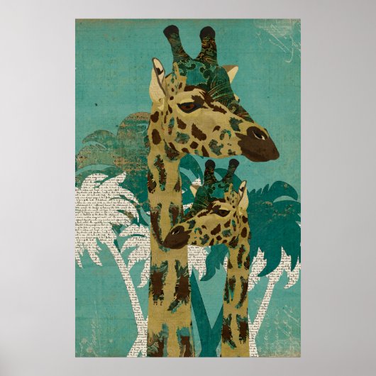 Tropisch Blauwe Boho Giraffes Retro Art Poster (Voorkant)