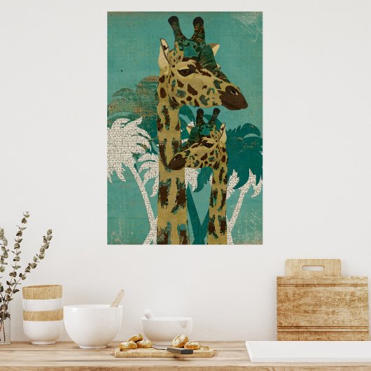 Tropisch Blauwe Boho Giraffes Retro Art Poster (Keuken)