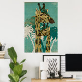 Tropisch Blauwe Boho Giraffes Retro Art Poster (Thuiskantoor)