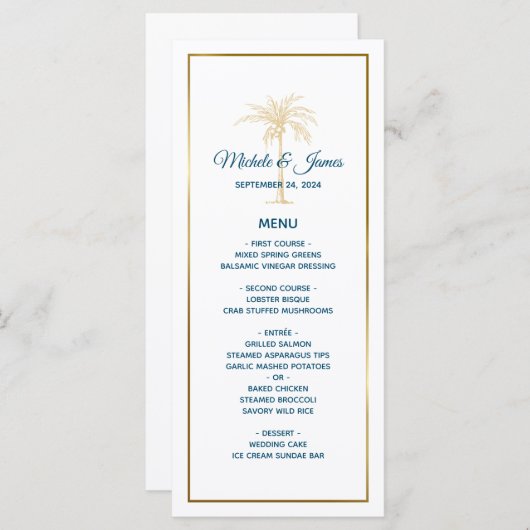 Tropisch blauwe goudpalm Beach Weddenschap Menu (Voorkant / Achterkant)
