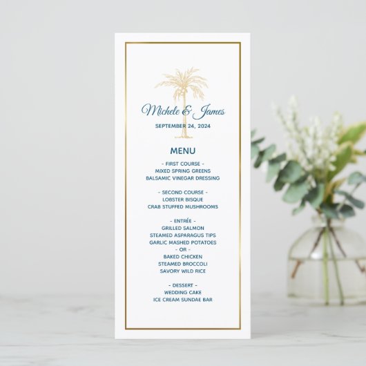 Tropisch blauwe goudpalm Beach Weddenschap Menu (Staand voorkant)