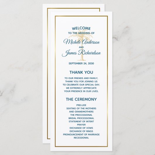 Tropisch blauwe goudpalm Beach Weddenschap Programmakaart (Voorkant / Achterkant)