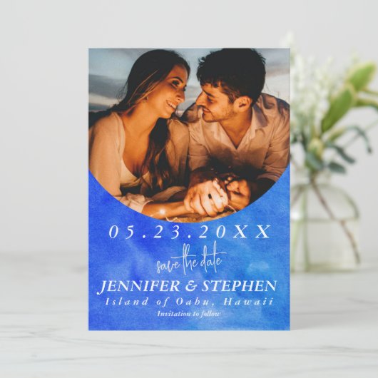 Tropisch-blauwe oceaan strandend de trek van de Gr Save The Date (Staand voorkant)