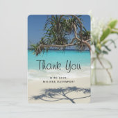 Tropisch blauwe oceaanstrand foto bedankkaart (Staand voorkant)